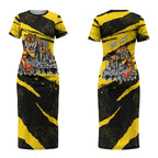 Personalised Richmond Tigers Football Couples Matching Short Sleeve Bodycon Dress and Hawaiian Shirt Melbourne City Skyline Graphic Fierce Mascot Art