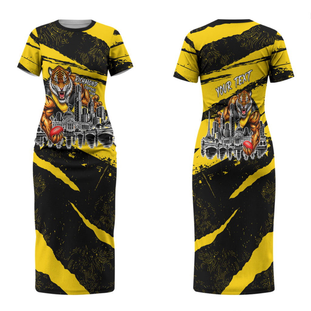 Personalised Richmond Tigers Football Couples Matching Short Sleeve Bodycon Dress and Hawaiian Shirt Melbourne City Skyline Graphic Fierce Mascot Art