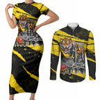 Personalised Richmond Tigers Football Couples Matching Short Sleeve Bodycon Dress and Long Sleeve Button Shirt Melbourne City Skyline Graphic Fierce Mascot Art