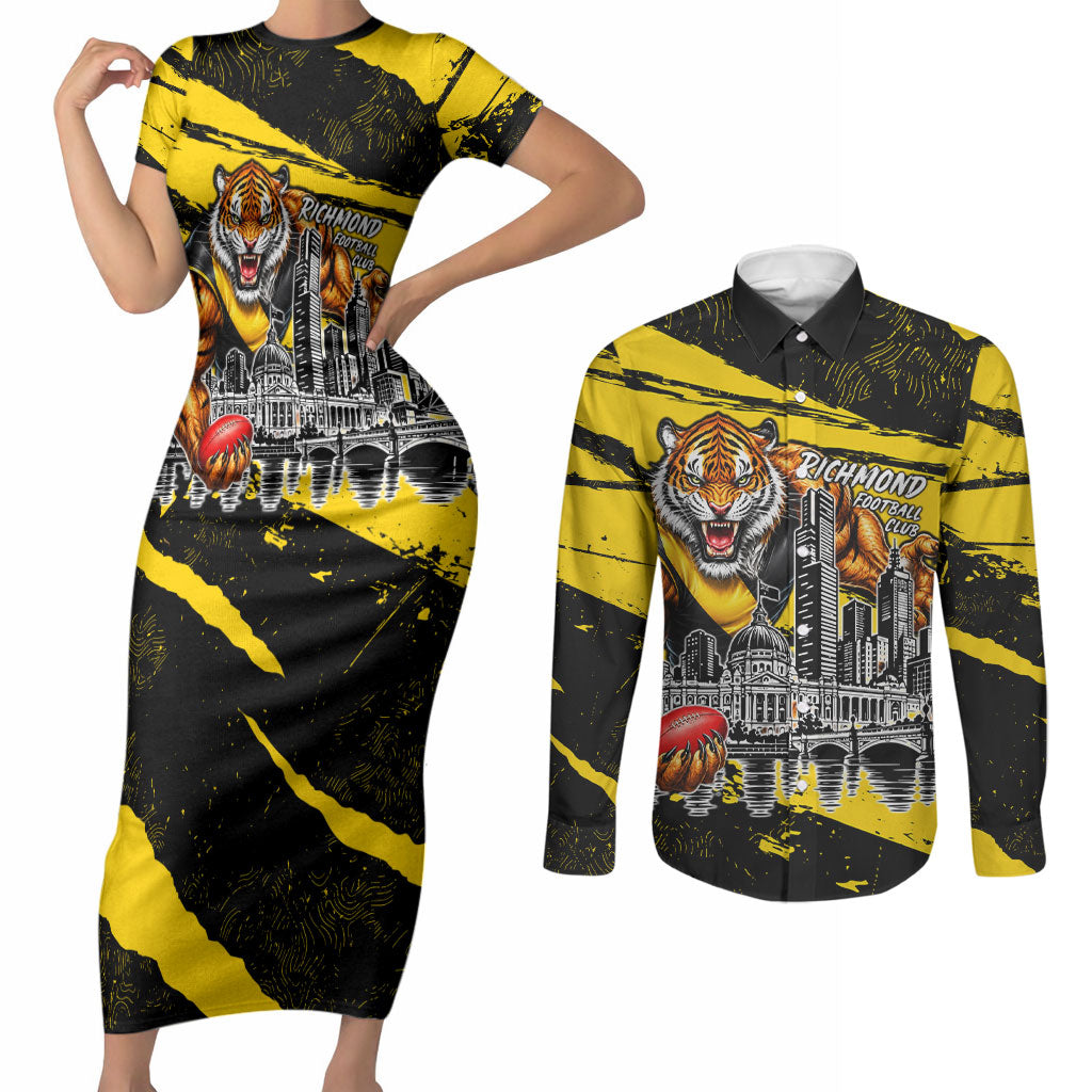 Personalised Richmond Tigers Football Couples Matching Short Sleeve Bodycon Dress and Long Sleeve Button Shirt Melbourne City Skyline Graphic Fierce Mascot Art