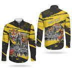 Personalised Richmond Tigers Football Couples Matching Short Sleeve Bodycon Dress and Long Sleeve Button Shirt Melbourne City Skyline Graphic Fierce Mascot Art