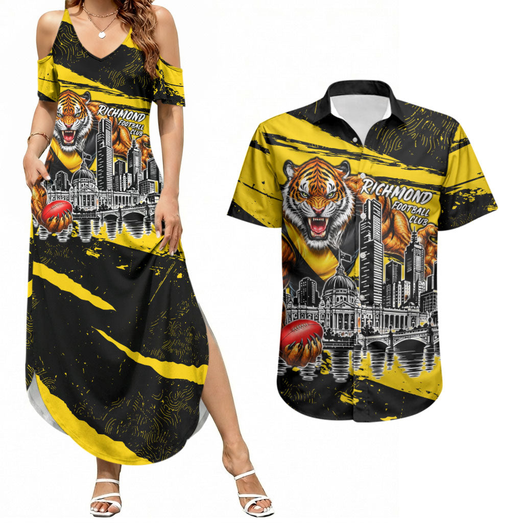 Personalised Richmond Tigers Football Couples Matching Summer Maxi Dress and Hawaiian Shirt Melbourne City Skyline Graphic Fierce Mascot Art
