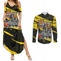 Personalised Richmond Tigers Football Couples Matching Summer Maxi Dress and Long Sleeve Button Shirt Melbourne City Skyline Graphic Fierce Mascot Art