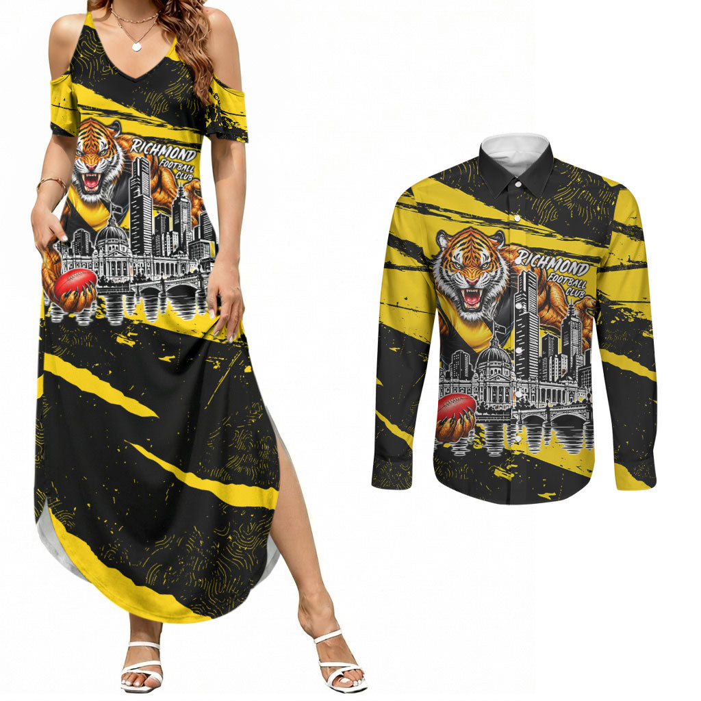 Personalised Richmond Tigers Football Couples Matching Summer Maxi Dress and Long Sleeve Button Shirt Melbourne City Skyline Graphic Fierce Mascot Art