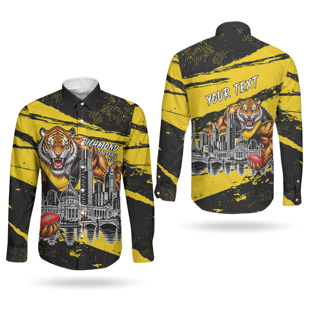 Personalised Richmond Tigers Football Couples Matching Summer Maxi Dress and Long Sleeve Button Shirt Melbourne City Skyline Graphic Fierce Mascot Art