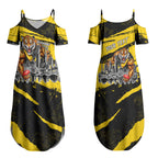 Personalised Richmond Tigers Football Couples Matching Summer Maxi Dress and Long Sleeve Button Shirt Melbourne City Skyline Graphic Fierce Mascot Art