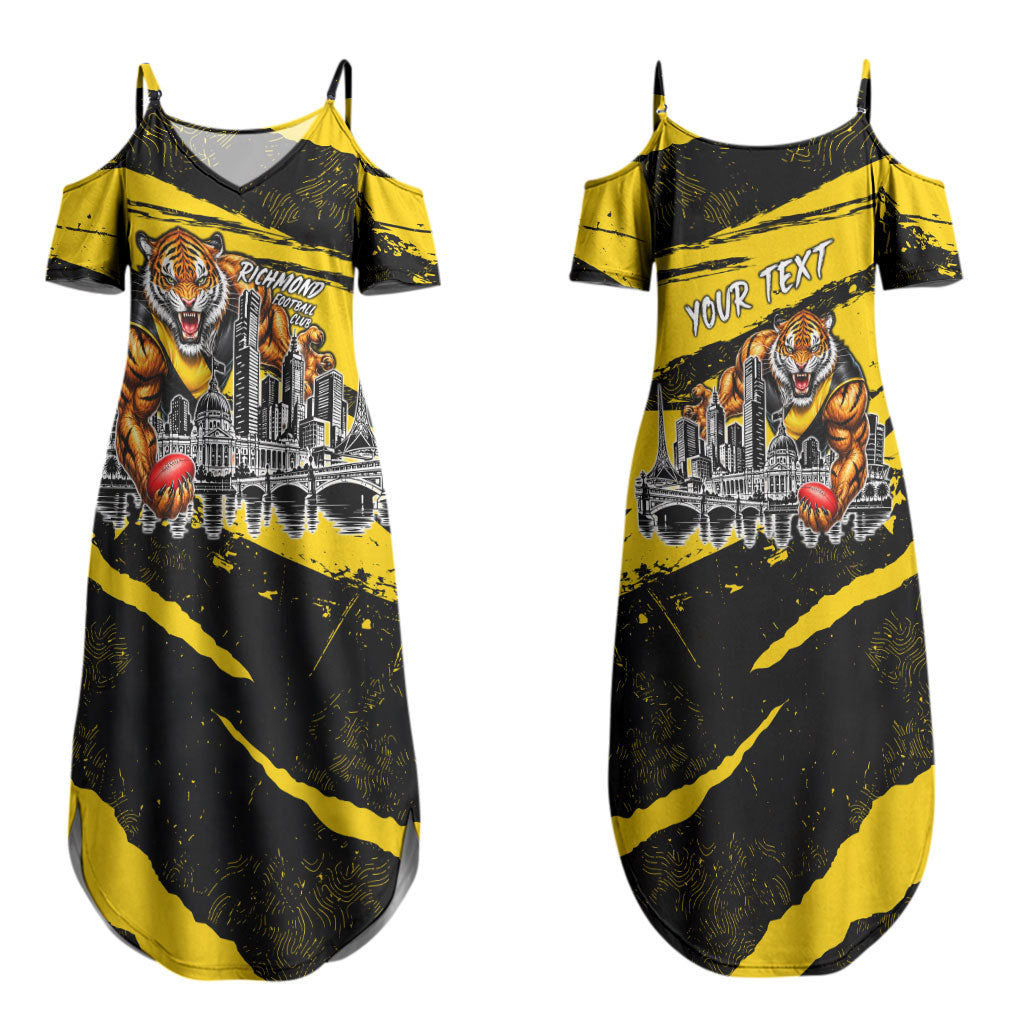 Personalised Richmond Tigers Football Couples Matching Summer Maxi Dress and Long Sleeve Button Shirt Melbourne City Skyline Graphic Fierce Mascot Art