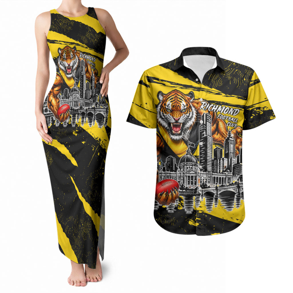 Personalised Richmond Tigers Football Couples Matching Tank Maxi Dress and Hawaiian Shirt Melbourne City Skyline Graphic Fierce Mascot Art