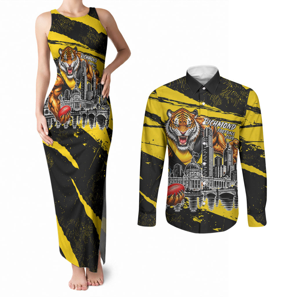 Personalised Richmond Tigers Football Couples Matching Tank Maxi Dress and Long Sleeve Button Shirt Melbourne City Skyline Graphic Fierce Mascot Art