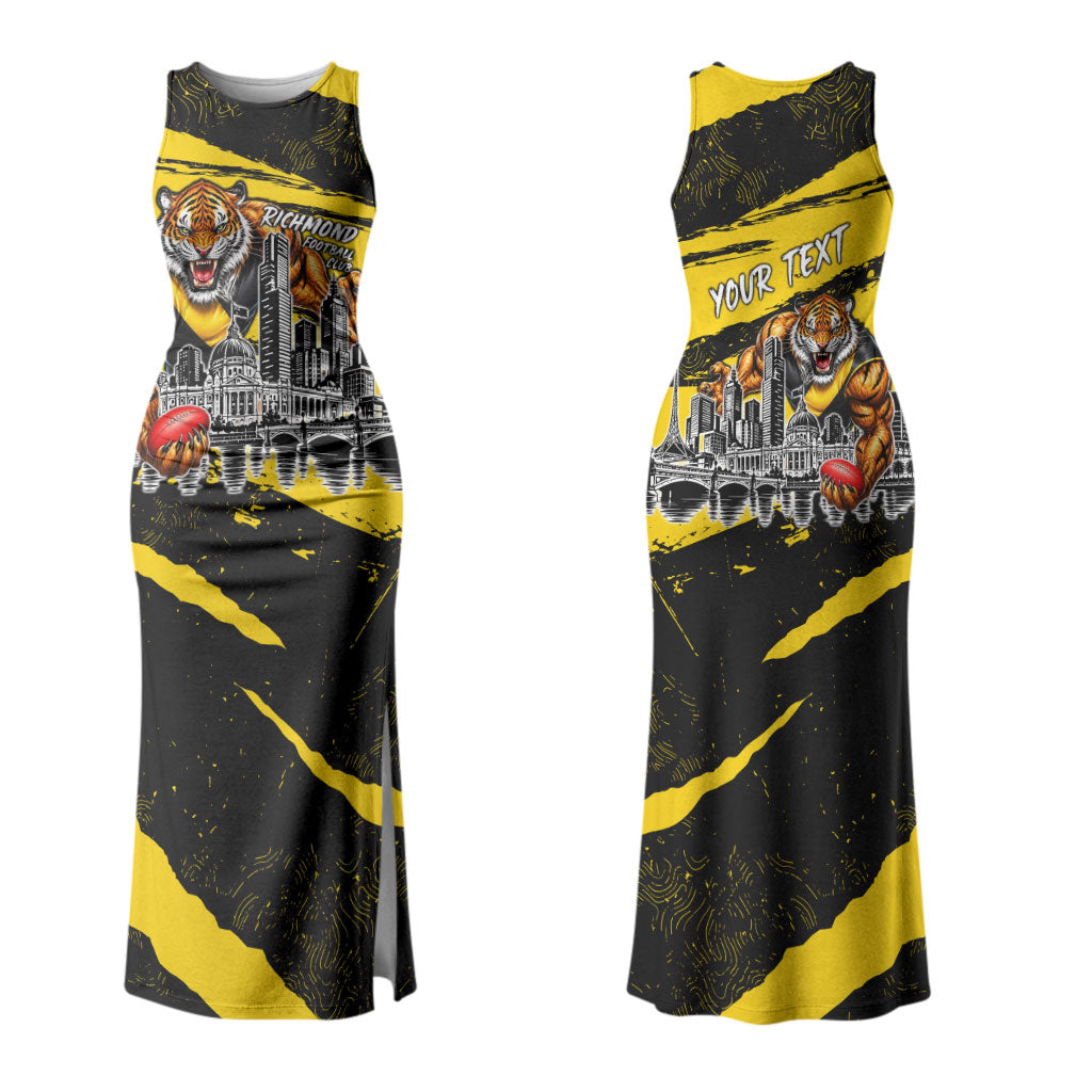 Personalised Richmond Tigers Football Couples Matching Tank Maxi Dress and Long Sleeve Button Shirt Melbourne City Skyline Graphic Fierce Mascot Art