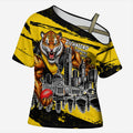 Personalised Richmond Tigers Football Cross Shoulder Shirt Melbourne City Skyline Graphic Fierce Mascot Art