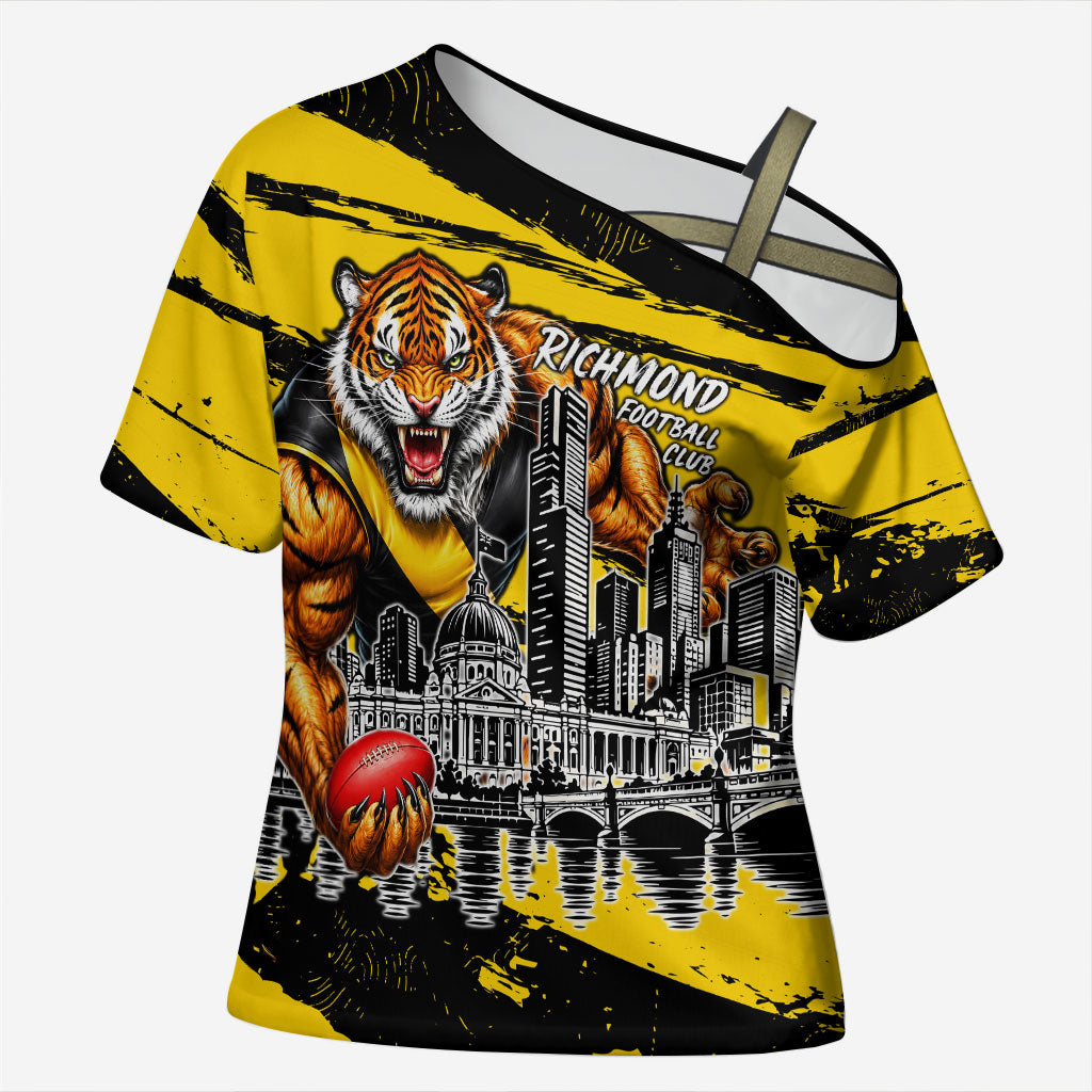 Personalised Richmond Tigers Football Cross Shoulder Shirt Melbourne City Skyline Graphic Fierce Mascot Art