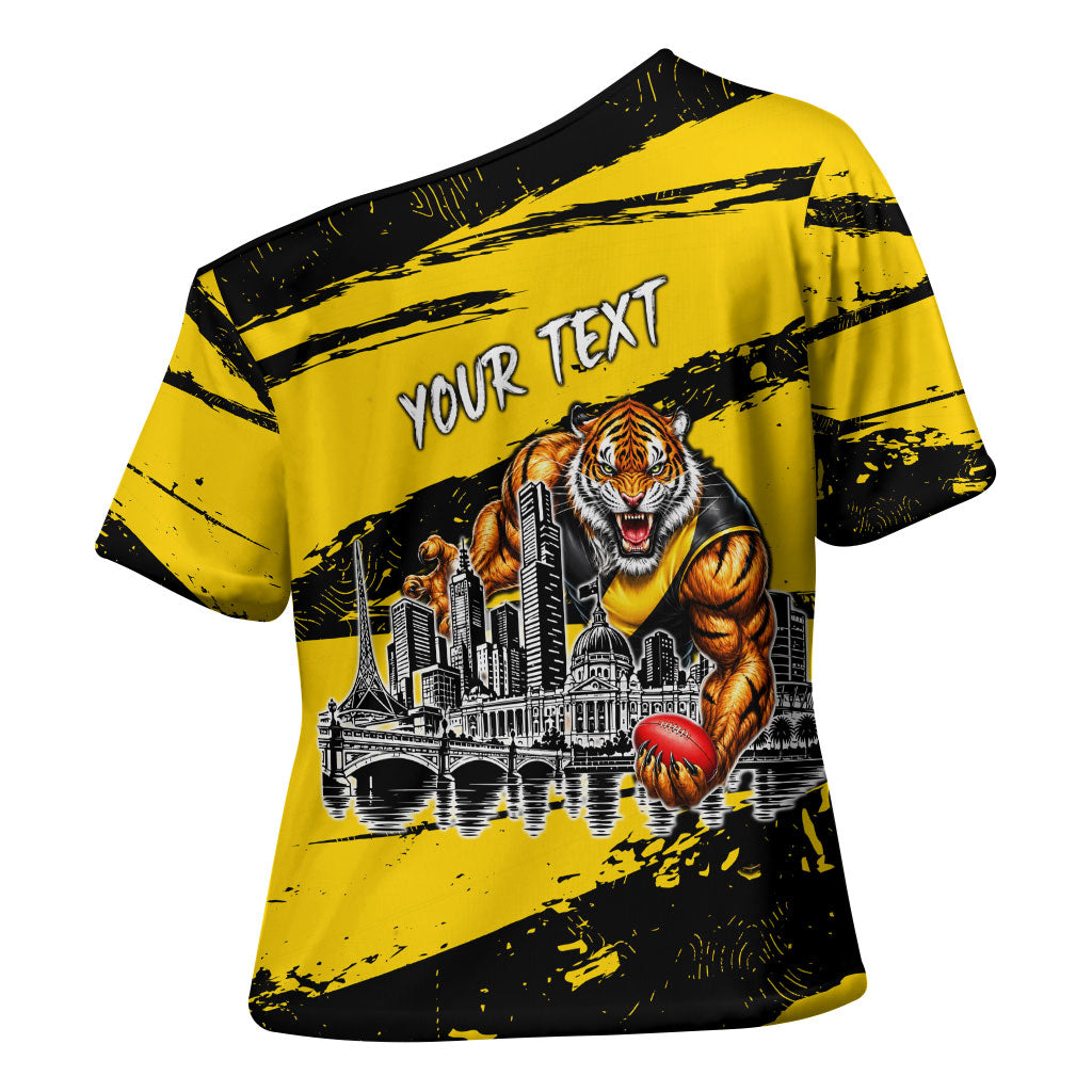 Personalised Richmond Tigers Football Cross Shoulder Shirt Melbourne City Skyline Graphic Fierce Mascot Art