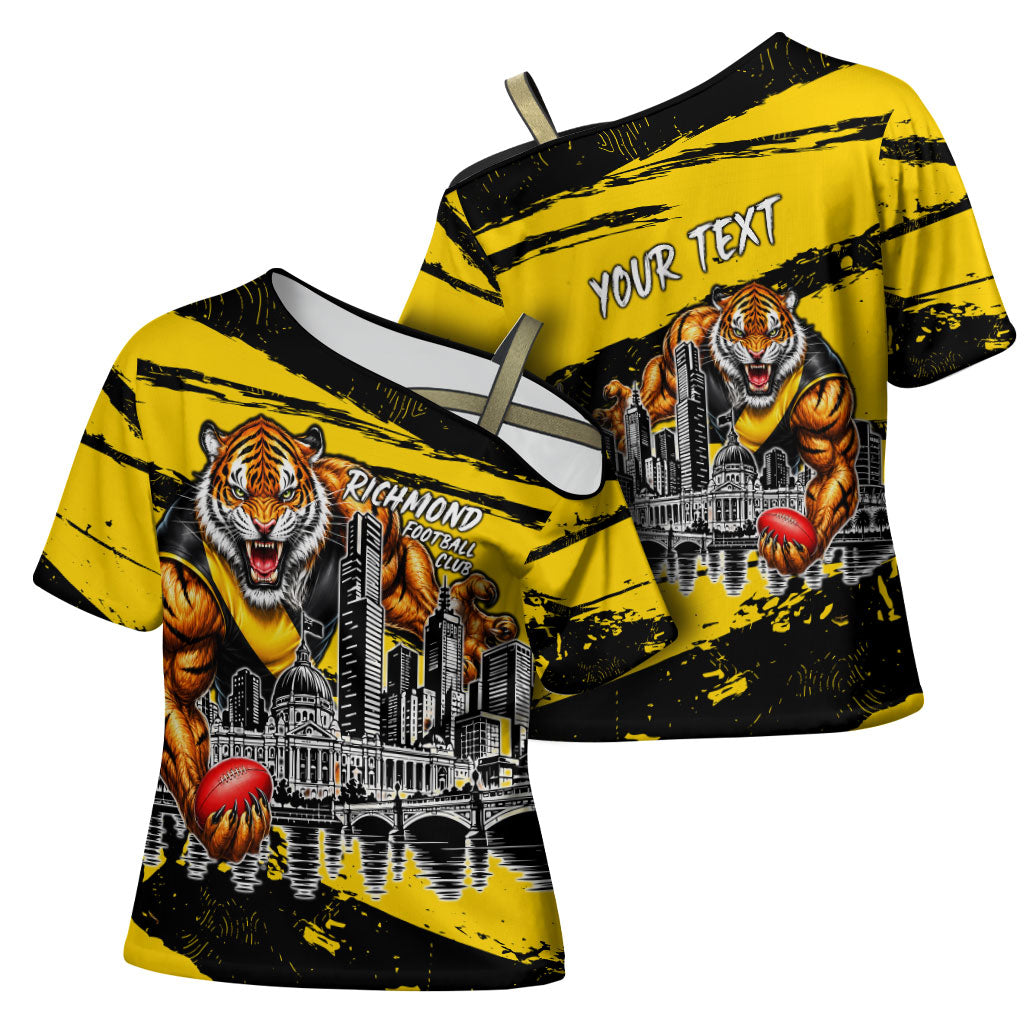 Personalised Richmond Tigers Football Cross Shoulder Shirt Melbourne City Skyline Graphic Fierce Mascot Art