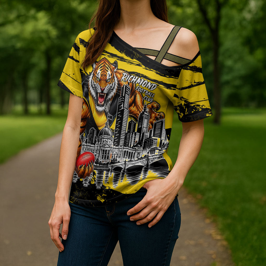 Personalised Richmond Tigers Football Cross Shoulder Shirt Melbourne City Skyline Graphic Fierce Mascot Art