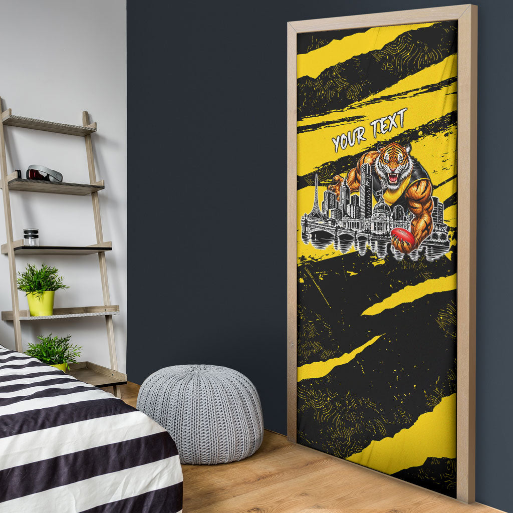 Personalised Richmond Tigers Football Door Cover Melbourne City Skyline Graphic Fierce Mascot Art