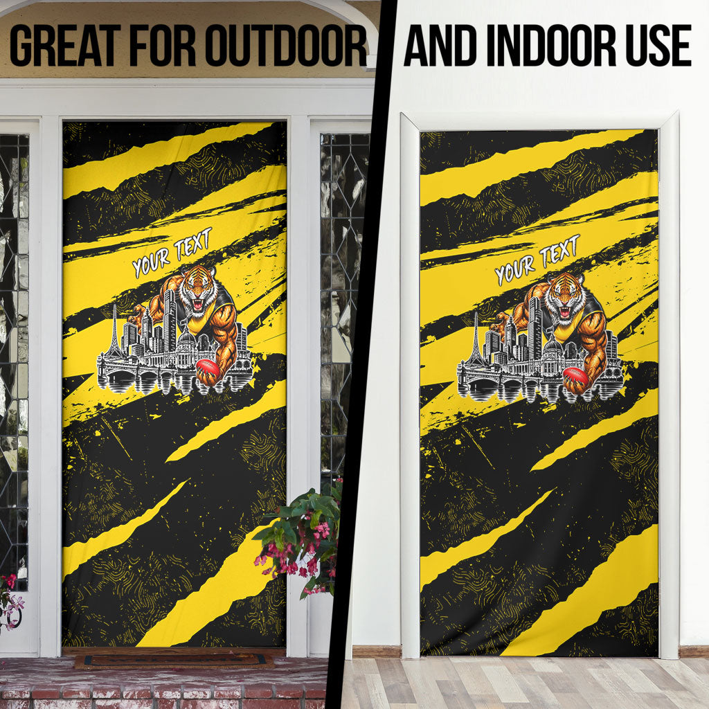 Personalised Richmond Tigers Football Door Cover Melbourne City Skyline Graphic Fierce Mascot Art