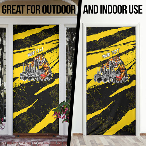 Personalised Richmond Tigers Football Door Cover Melbourne City Skyline Graphic Fierce Mascot Art