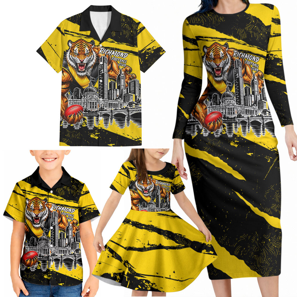 Personalised Richmond Tigers Football Family Matching Long Sleeve Bodycon Dress and Hawaiian Shirt Melbourne City Skyline Graphic Fierce Mascot Art