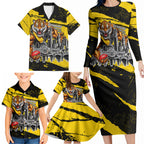 Personalised Richmond Tigers Football Family Matching Long Sleeve Bodycon Dress and Hawaiian Shirt Melbourne City Skyline Graphic Fierce Mascot Art