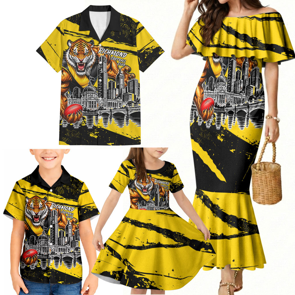 Personalised Richmond Tigers Football Family Matching Mermaid Dress and Hawaiian Shirt Melbourne City Skyline Graphic Fierce Mascot Art