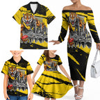 Personalised Richmond Tigers Football Family Matching Off The Shoulder Long Sleeve Dress and Hawaiian Shirt Melbourne City Skyline Graphic Fierce Mascot Art