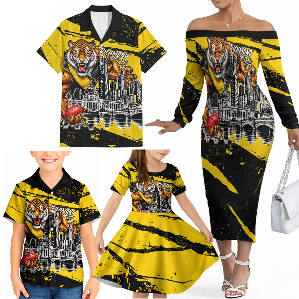 Personalised Richmond Tigers Football Family Matching Off The Shoulder Long Sleeve Dress and Hawaiian Shirt Melbourne City Skyline Graphic Fierce Mascot Art