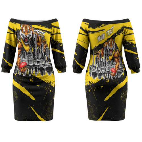 Personalised Richmond Tigers Football Family Matching Off The Shoulder Long Sleeve Dress and Hawaiian Shirt Melbourne City Skyline Graphic Fierce Mascot Art