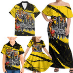 Personalised Richmond Tigers Football Family Matching Off Shoulder Maxi Dress and Hawaiian Shirt Melbourne City Skyline Graphic Fierce Mascot Art