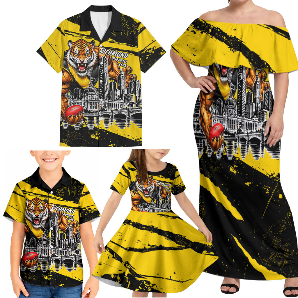 Personalised Richmond Tigers Football Family Matching Off Shoulder Maxi Dress and Hawaiian Shirt Melbourne City Skyline Graphic Fierce Mascot Art