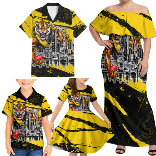 Personalised Richmond Tigers Football Family Matching Off Shoulder Maxi Dress and Hawaiian Shirt Melbourne City Skyline Graphic Fierce Mascot Art