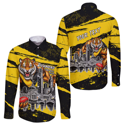 Personalised Richmond Tigers Football Family Matching Off Shoulder Maxi Dress and Hawaiian Shirt Melbourne City Skyline Graphic Fierce Mascot Art