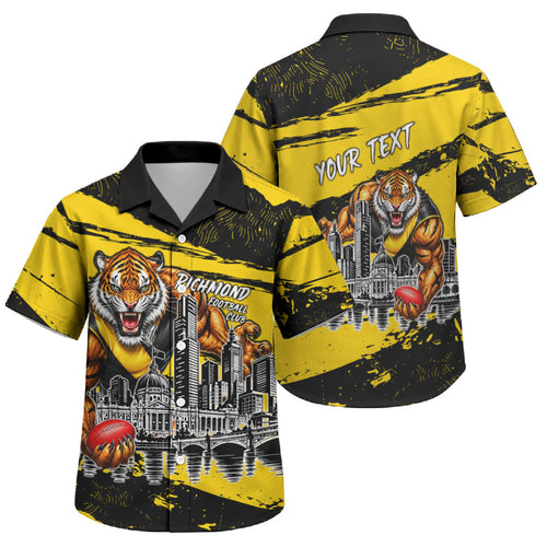 Personalised Richmond Tigers Football Family Matching Off Shoulder Maxi Dress and Hawaiian Shirt Melbourne City Skyline Graphic Fierce Mascot Art