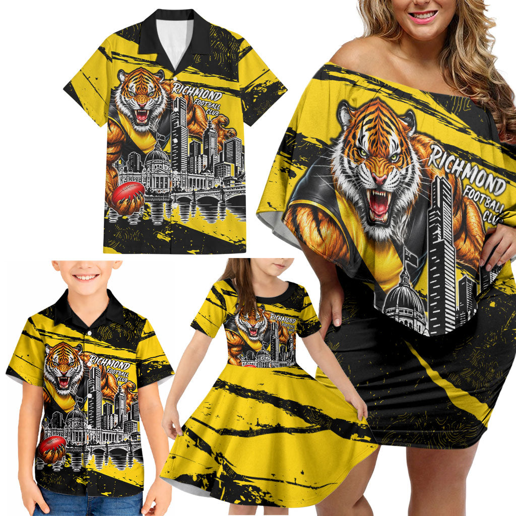 Personalised Richmond Tigers Football Family Matching Off Shoulder Short Dress and Hawaiian Shirt Melbourne City Skyline Graphic Fierce Mascot Art