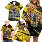 Personalised Richmond Tigers Football Family Matching Off Shoulder Short Dress and Hawaiian Shirt Melbourne City Skyline Graphic Fierce Mascot Art