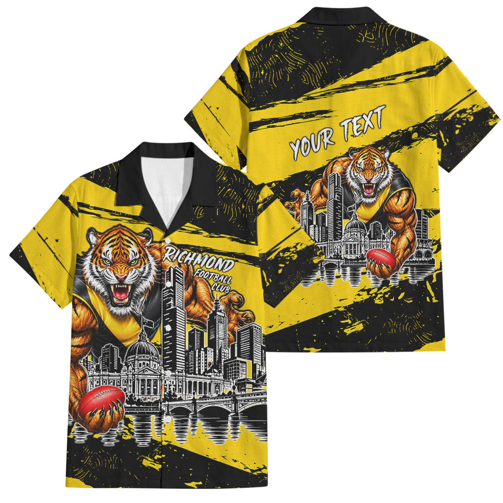 Personalised Richmond Tigers Football Family Matching Off Shoulder Short Dress and Hawaiian Shirt Melbourne City Skyline Graphic Fierce Mascot Art