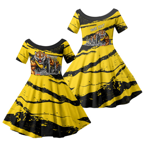 Personalised Richmond Tigers Football Family Matching Off Shoulder Short Dress and Hawaiian Shirt Melbourne City Skyline Graphic Fierce Mascot Art