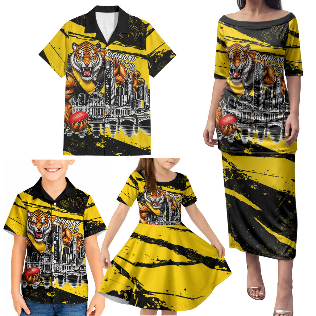 Personalised Richmond Tigers Football Family Matching Puletasi and Hawaiian Shirt Melbourne City Skyline Graphic Fierce Mascot Art
