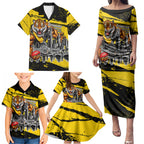 Personalised Richmond Tigers Football Family Matching Puletasi and Hawaiian Shirt Melbourne City Skyline Graphic Fierce Mascot Art
