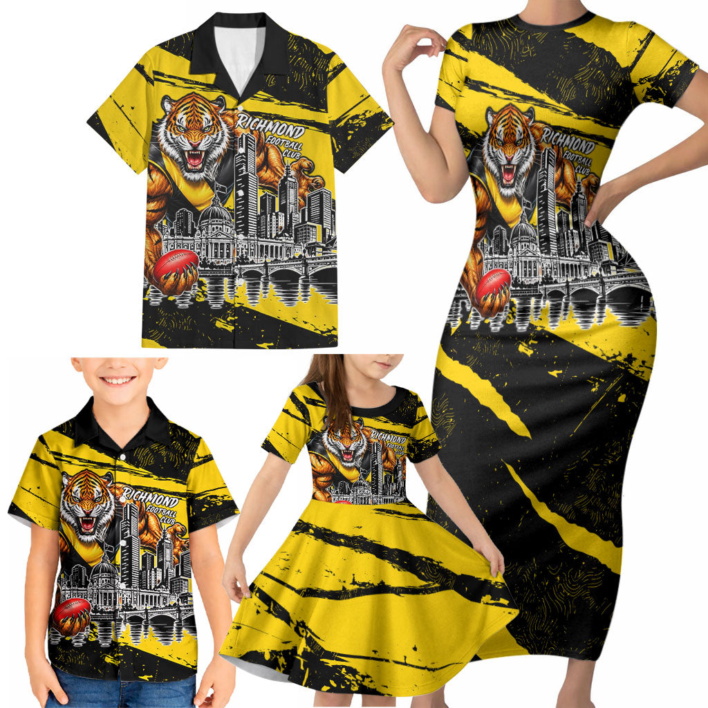 Personalised Richmond Tigers Football Family Matching Short Sleeve Bodycon Dress and Hawaiian Shirt Melbourne City Skyline Graphic Fierce Mascot Art