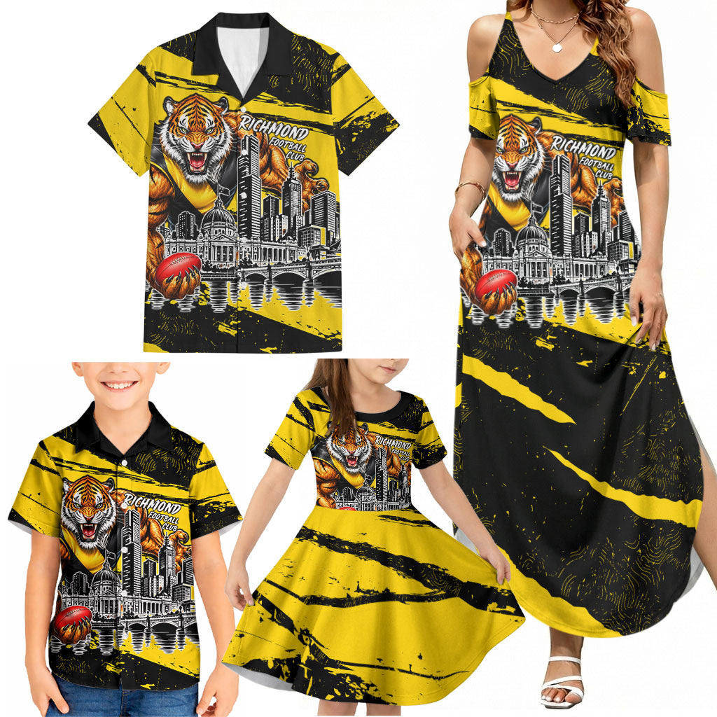 Personalised Richmond Tigers Football Family Matching Summer Maxi Dress and Hawaiian Shirt Melbourne City Skyline Graphic Fierce Mascot Art