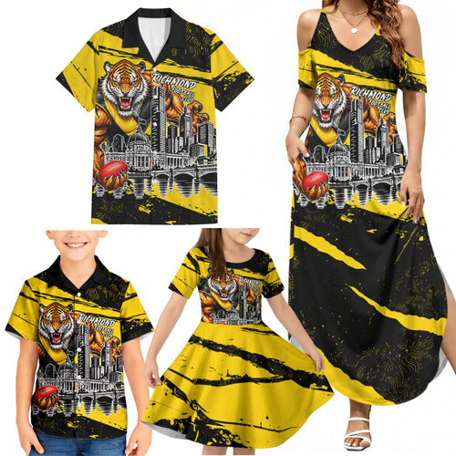 Personalised Richmond Tigers Football Family Matching Summer Maxi Dress and Hawaiian Shirt Melbourne City Skyline Graphic Fierce Mascot Art