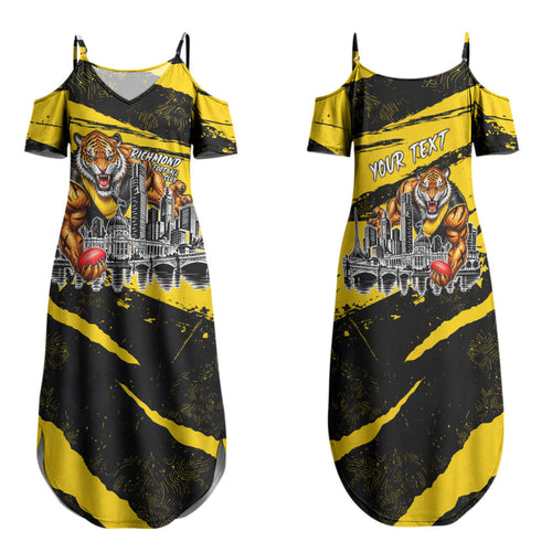 Personalised Richmond Tigers Football Family Matching Summer Maxi Dress and Hawaiian Shirt Melbourne City Skyline Graphic Fierce Mascot Art