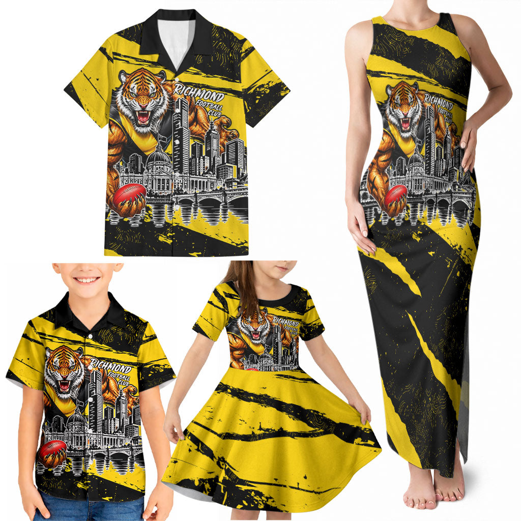 Personalised Richmond Tigers Football Family Matching Tank Maxi Dress and Hawaiian Shirt Melbourne City Skyline Graphic Fierce Mascot Art