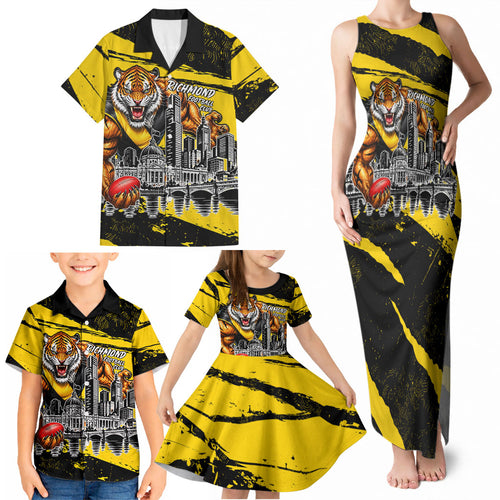 Personalised Richmond Tigers Football Family Matching Tank Maxi Dress and Hawaiian Shirt Melbourne City Skyline Graphic Fierce Mascot Art
