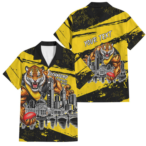 Personalised Richmond Tigers Football Family Matching Tank Maxi Dress and Hawaiian Shirt Melbourne City Skyline Graphic Fierce Mascot Art