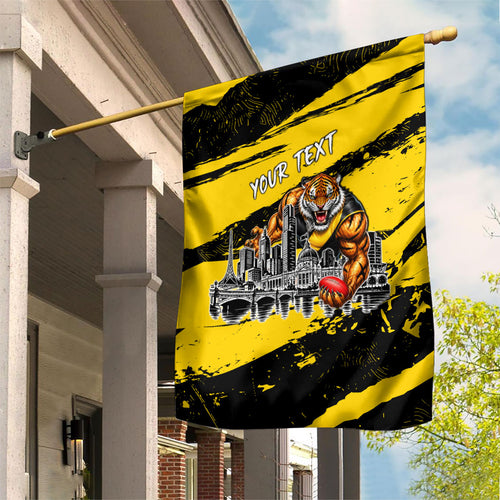 Personalised Richmond Tigers Football Garden Flag Melbourne City Skyline Graphic Fierce Mascot Art