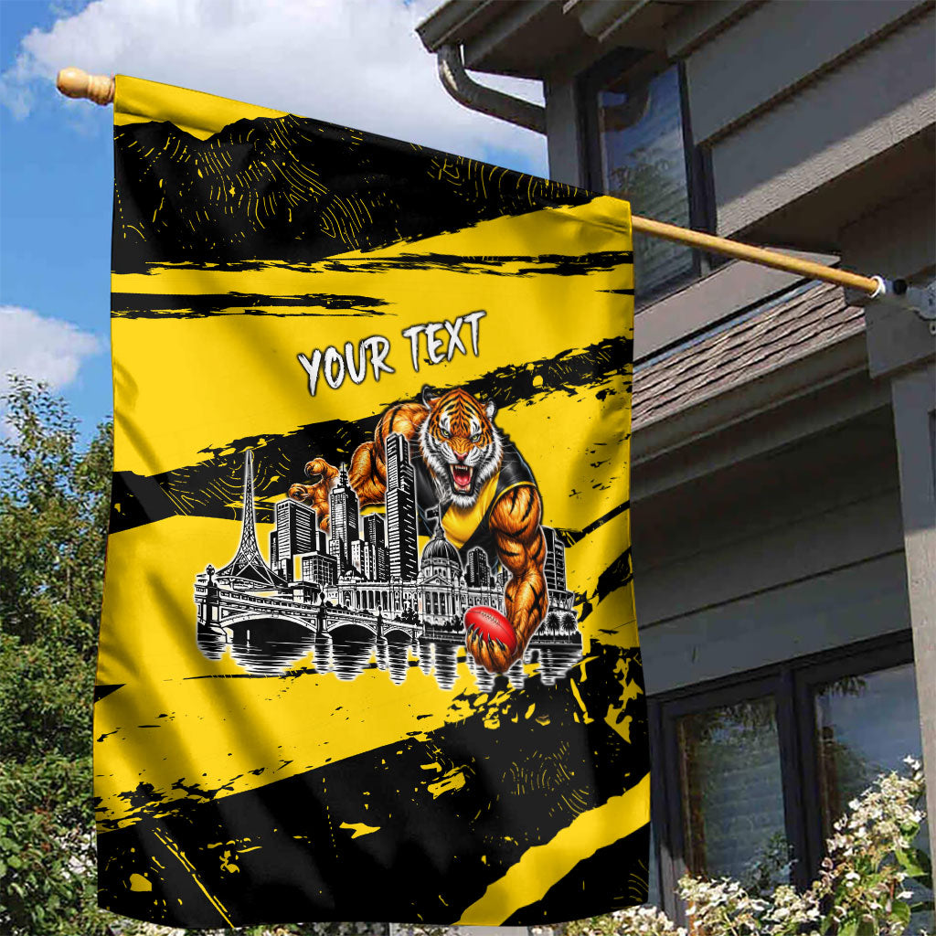 Personalised Richmond Tigers Football Garden Flag Melbourne City Skyline Graphic Fierce Mascot Art