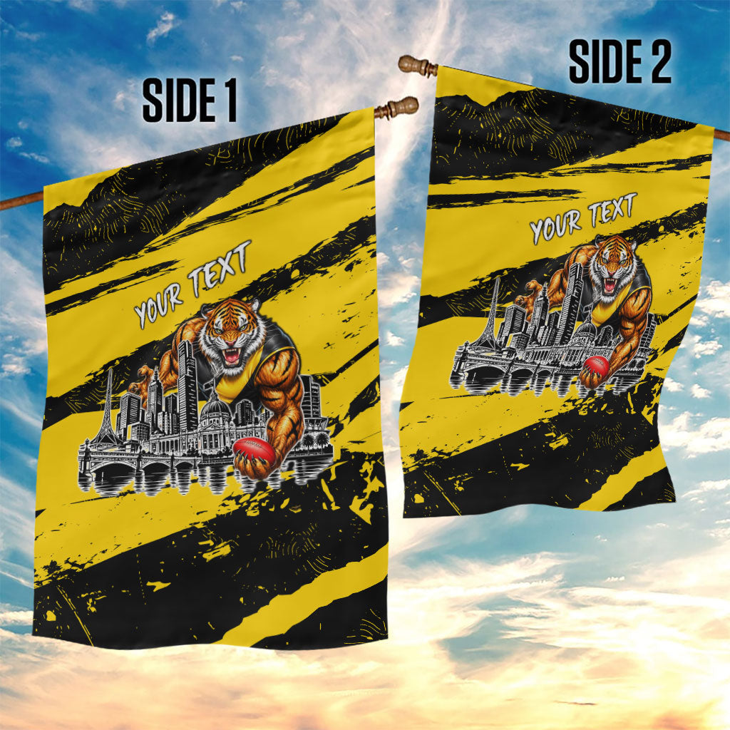 Personalised Richmond Tigers Football Garden Flag Melbourne City Skyline Graphic Fierce Mascot Art