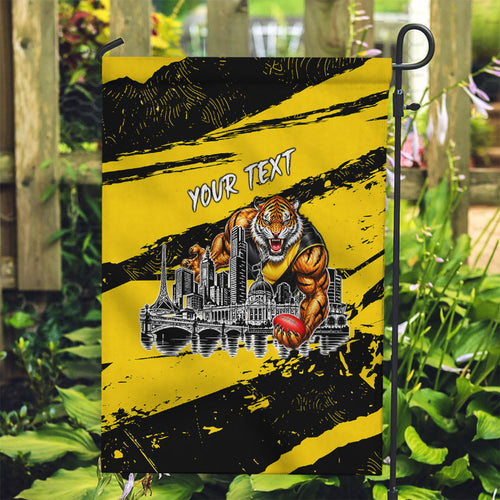 Personalised Richmond Tigers Football Garden Flag Melbourne City Skyline Graphic Fierce Mascot Art